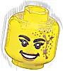 Część LEGO® 3626pb3522 Minifigurka, głowa kobieca z czarnymi grubymi brwiami i pojedynczymi rzęsami, beżowe usta, złote kropki, srebrne gwiazdozbiory, uśmiech otwartymi ustami z zębami (wzór)