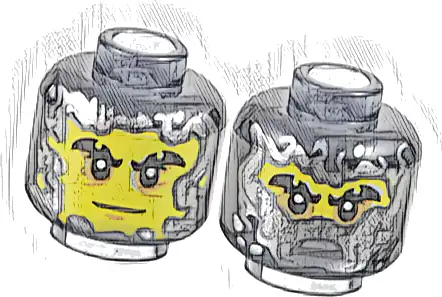 Minifigure, Head Dual Sided Yellow Face, Black Notched Eyebrows, Medium Nougat Eye Shadow, Neutral / Silver Half Mask Pattern