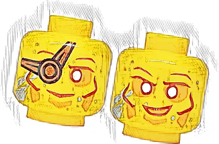 Minifigure, Head Dual Sided Reddish Brown Eyebrows, Eye Patch and Cheek Lines, Orange Around Eyes, Metallic Light Blue Streaks, Smile / Grin Pattern