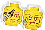 Część LEGO® 3626pb3528 Minifigurka, głowa dwustronna z czerwonobrązowymi brwiami, opaską na oko i liniami na policzku, pomarańczowym wokół oczu, metalicznie jasnoniebieskimi pasmami, uśmiech / szeroki uśmiech (wzór)