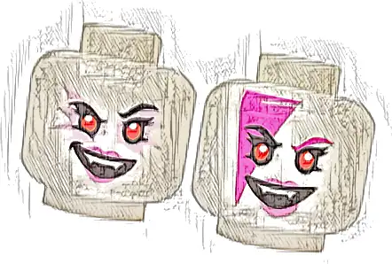 Minifigure, Head Dual Sided Alien Female Black Eyebrows, Bright Pink Eye Shadow, Dark Pink Lips, Open Mouth Smile with Fangs / Magenta Face Paint Triangle and Eyebrow Pattern