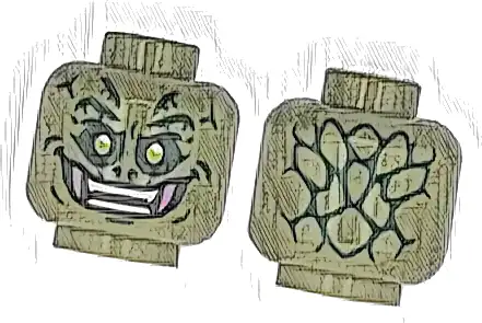Minifigure, Head Alien with Lizard Dark Green Scales, Lime Eyes, Dark Pink Fangs, Black Eyebrows and Mouth, Open Smile with White Bared Teeth Pattern