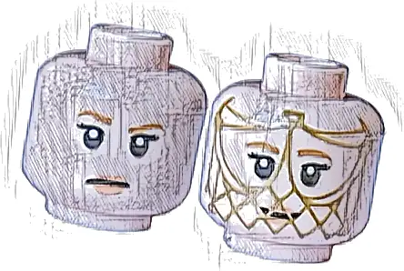 Minifigure, Head Dual Sided Female, Medium Nougat Eyebrows and Lips, Black Eyes and Mouth Neutral / Smile with Gold Mesh Face Veil Pattern