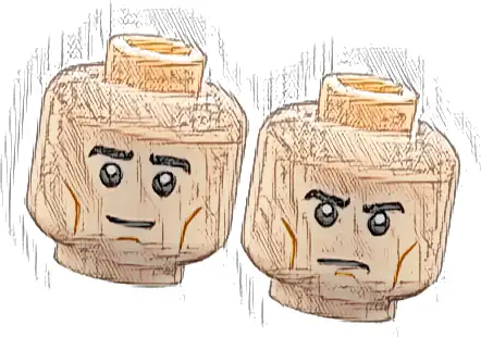 Minifigure, Head Dual Sided Black Eyebrows, Medium Nougat Cheek Lines and Chin Dimple, Neutral / Angry Frown Pattern