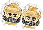 Część LEGO® 3626pb3535 Minifigurka, Głowa Dwustronna Czarne Grube Brwi, Pełna Broda, Wąsy, Ciemnobrązowe Zmarszczki, Surowy / Uśmiech z Zębami, Wzór