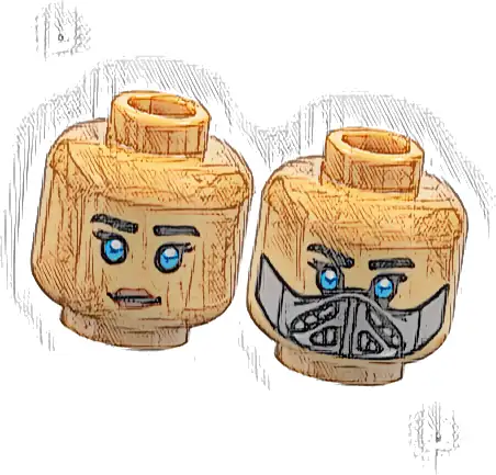 Minifigure, Head Dual Sided Female Black Eyebrows and Eyelashes, Dark Azure Eyes, Neutral with Reddish Brown Lips / Dark Bluish Gray and Dark Silver Mask Pattern