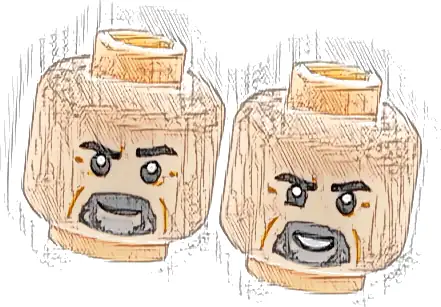 Minifigure, Head Dual Sided Black Eyebrows, Dark Bluish Gray and Light Bluish Gray Beard, Medium Nougat Wrinkles, Neutral / Smile with Teeth Pattern