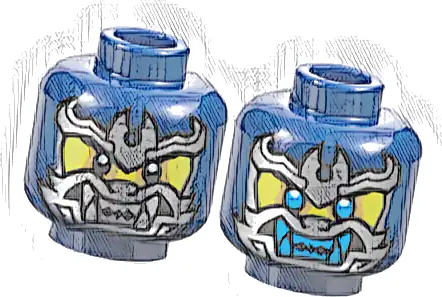 Minifigure, Head Dual Sided Yellow Face, Silver Samurai Mask, Black Eyes / Dark Azure Eyes and Teeth Pattern