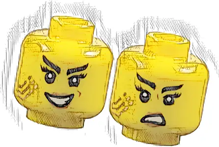 Minifigure, Head Dual Sided Female Black Eyebrows, Long Eyelashes, Medium Nougat Lips, Gold Stripes Tattoo, Evil Open Mouth Smile with Teeth / Scowl Pattern