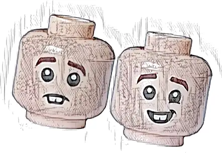 Minifigure, Head Dual Sided Dark Brown Eyebrows, Tooth Gap Neutral / Lopsided Smile Pattern