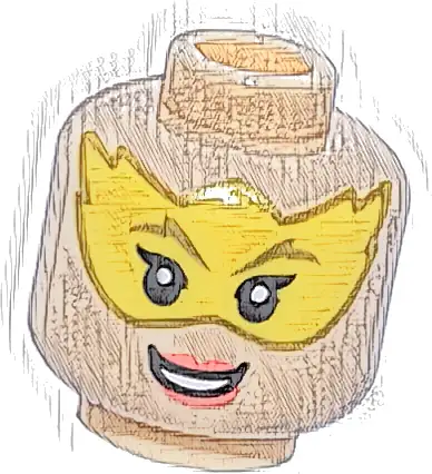 Minifigure, Head Female Gold Eyebrows, Black Eyelashes, Yellow Mask, Coral Lips, and Open Mouth Smile with Teeth Pattern