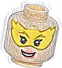 Część LEGO® 3626pb3554 Minifigurka, Głowa Kobieta Złote Brwi, Czarne Rzęsy, Żółta Maska, Koralowe Usta i Uśmiech z Zębami, Wzór