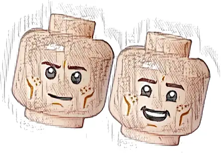 Minifigure, Head Dual Sided Dark Brown Eyebrows, Medium Nougat Cheek Lines, Chin Dimple, and Freckles, Neutral / Open Mouth Smile with Top Teeth Pattern