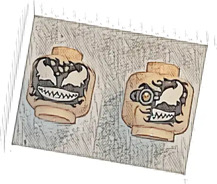 Minifigure, Head Dual Sided Alien, Partial Venom Smudge, Silver Goggle Right / Full Black Venom with White Eyes and Teeth Pattern