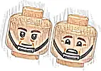 Część LEGO® 3626pb3568 Minifigurka, głowa dwustronna ciemnobrązowe brwi, czarny pasek na brodzie, linie policzków, neutralna / przestraszona ze zmarszczkami pod brwiami, wzór