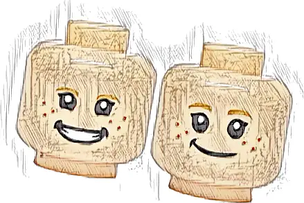 Minifigure, Head Dual Sided Dark Tan Eyebrows, Black Eyes, Dark Orange Freckles, Open Mouth Grin with White Teeth / Smile Pattern