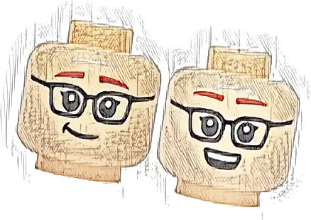 Minifigure, Head Dual Sided Black Glasses, Reddish Brown Eyebrows, Lopsided Smile / Open Mouth Grin with White Teeth Pattern