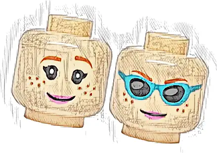 Minifigure, Head Dual Sided Female, Dark Orange Eyebrows and Freckles, Bright Pink Lips, Smile / Medium Azure Sunglasses with Black Lenses Pattern