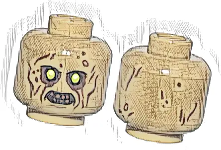 Minifigure, Head Alien Zombie Upper Eyelids, Lime Eyes, Dark Brown Eye Shadow, Cheek Lines, Wrinkles, and Spots, Reddish Brown Bared Teeth Pattern