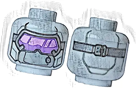 Minifigure, Head Alien Black and Silver Visor, Dark Purple and Medium Lavender Lenses, Dark Bluish Gray Plate and Strap with Buckle on Back Pattern