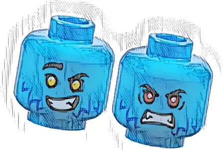 Minifigure, Head Dual Sided Black Eyebrows, Blue Fur, White Teeth, Smile with Bright Light Orange Eyes / Scowl with Red Eyes Pattern