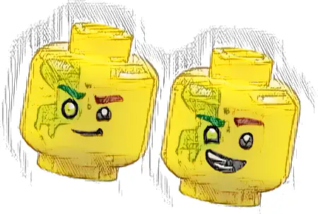 Minifigure, Head Dual Sided Reddish Brown Eyebrow Left, Green Eyebrow Right, Lime Eye and Slime, Smirk / Lopsided Open Mouth Smile with Teeth Parted Pattern