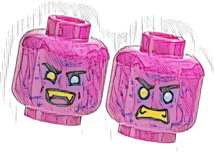 Minifigure, Head Dual Sided Black Eyebrows, Dark Purple Brow Furrow, Spots, Fur, Bright Light Blue Eye Left, Yellow Eye Right and Teeth, Open Smile / Scowl Pattern