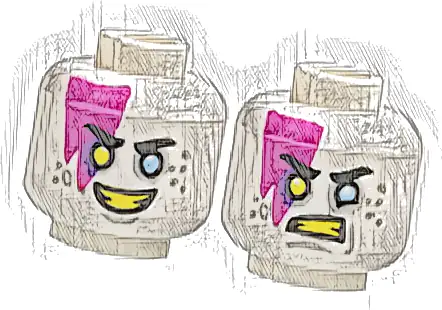 Minifigure, Head Dual Sided Black Eyebrows, Magenta Marking, Light Bluish Gray Spots, Bright Light Blue Eye Left, Yellow Eye Right and Teeth, Smile / Scowl Pattern