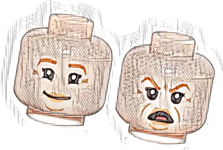 Minifigure, Head Dual Sided Female Dark Orange Eyebrows, Medium Nougat Lips and Wrinkles, Slight Smile / Open Mouth Angry Pattern