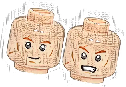 Minifigure, Head Dual Sided Dark Orange Eyebrows, Medium Nougat Cheek Lines, Chin Dimple, Scars, Grin / Scared Open Mouth with Teeth Pattern