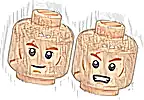 Część LEGO® 3626pb3708 Minifigurka, głowa dwustronna ciemnopomarańczowe brwi, średnobrązowe linie policzków, dołeczek w brodzie, blizny, uśmiech / przestraszona otwarta buzia z zębami, wzór