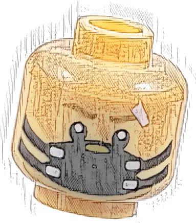 Minifigure, Head Dark Tan Eyebrows, White Bandage, Black Dust Mask, Gold and Silver Trim Pattern