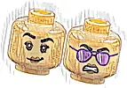 Część LEGO® 3626pb3759 Minifigurka, głowa dwustronna kobieta czarne brwi i rzęsy, średnobrązowe powieki i usta, krzywy uśmiech z uniesioną prawą brwią / grymas z ciemnofioletowymi okularami przeciwsłonecznymi z jasnolawendowymi szkłami