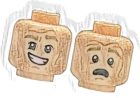 Minifigure, Head Dual Sided Dark Tan Eyebrows, Medium Nougat Cheek Lines, Chin Dimple and Forehead Creases, Lopsided Open Mouth Smile with Teeth / Scared Pattern