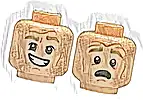 Część LEGO® 3626pb3780 Minifigurka, głowa dwustronna ciemnopiaskowe brwi, średnobrązowe linie policzków, dołeczek na brodzie i zmarszczki na czole, krzywy uśmiech z zębami / przestraszona, wzór