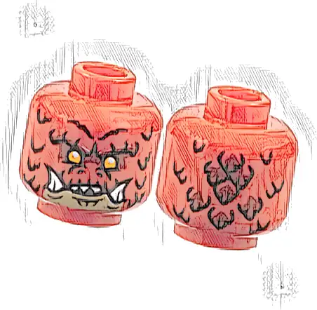 Minifigure, Head Alien Dragon with Orange Eyes, Dark Red Eye Shadow, Dark Tan Chin, Scales, Nostrils, Pronounced Brow, Open Mouth with Sharp Top Teeth and Bottom Fangs Pattern