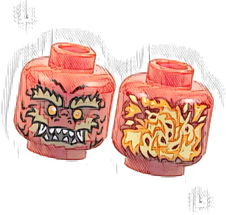 Minifigure, Head Alien Dragon with Orange Eyes, Dark Red Eye Shadow, Dark Tan Bushy Eyebrows, Cheeks and Chin, Scales, Nostrils, Open Mouth with Sharp Teeth Parted and Fangs, Bright Light Yellow Flame