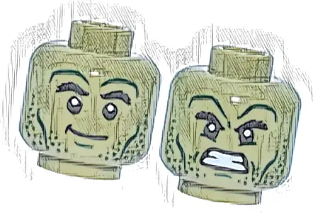 Minifigure, Head Dual Sided Black Bushy Eyebrows, Dark Green Chin Dimple, Cheek Lines, Stubble and Wrinkles, Lopsided Grin / Angry Bared Teeth Pattern