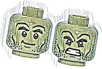Część LEGO® 3626pb3788 Minifigurka, głowa dwustronna czarne krzaczaste brwi, ciemnozielony dołeczek na brodzie, linie policzków, zarost i zmarszczki, krzywy uśmiech / złe obnażone zęby, wzór