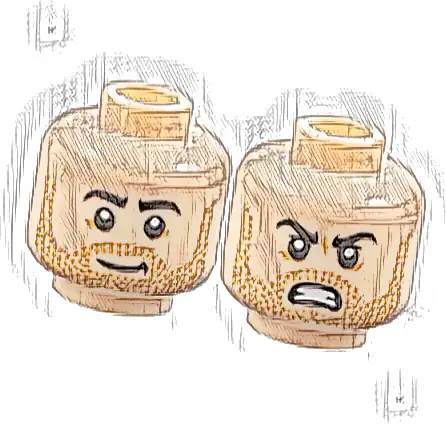 Minifigure, Head Dual Sided Black Eyebrows, Medium Nougat Beard Stubble, Slightly Lopsided Grin / Angry Bared Teeth and Upper Eyelids Pattern