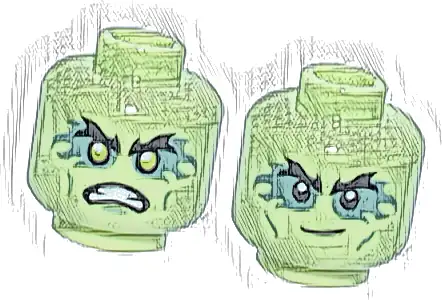 Minifigure, Head Dual Sided Alien with Black Bushy Eyebrows, Sand Green Eye Flames and Small Cheek Lines, Angry Bared Teeth, Chin Dimple and Lime Eyes / Smirk Pattern