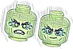 Część LEGO® 3626pb3794 Minifigurka, głowa dwustronna obcy z czarnymi krzaczastymi brwiami, piaskowozielonymi płomieniami oczu i małymi liniami policzków, złe zaciśnięte zęby, dołeczek na brodzie i limonkowe oczy / uśmieszek, wzór