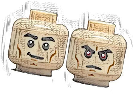 Minifigure, Head Dual Sided Black Eyebrows, Medium Nougat Cheek Lines and Chin Dimple, Smirk / Stern with Red Eyes Pattern