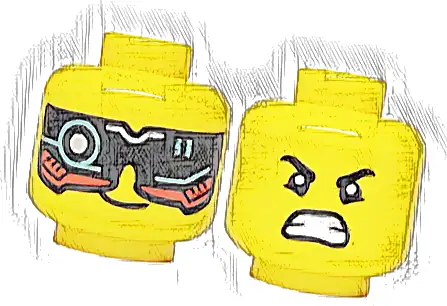 Część LEGO® 3626pb3802 Minifigurka, głowa dwustronna z czarnym i czerwonym wizjerem ze srebrnym i metalicznie jasnoniebieskim obwodem, krzywy uśmiech / brwi, dolne powieki, wściekłe obnażone zęby (wzór)