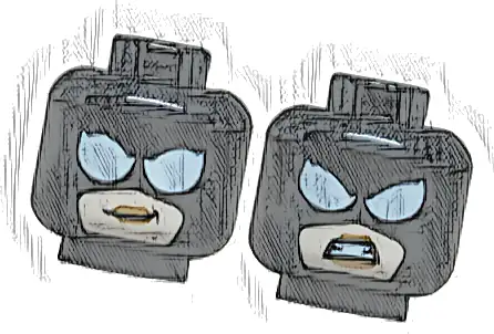 Minifigure, Head Dual Sided Female Balaclava with Large White Eyes over Light Nougat Face with Medium Nougat Lips, Lopsided Grin / Angry Bared Teeth Pattern