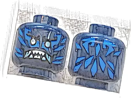 Minifigure, Head Alien with Black Eyebrows, Metallic Light Blue Eyes and Scar, Blue Markings, Angry Open Mouth with Fangs and Sharp Teeth Parted Pattern