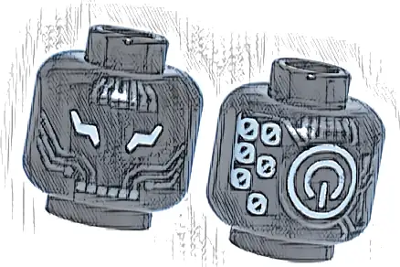 Minifigure, Head Alien Robot with White Lightning Bolt Eyes, Dark Silver Circuitry, Power Button Logo and Number 0 Repeating on Back Pattern