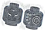 Część LEGO® 3626pb3816 Minifigurka, głowa obcego robota z białymi oczami-błyskawicami, ciemnosrebrnymi obwodami, logo przycisku zasilania i powtarzaną cyfrą 0 z tyłu (wzór)
