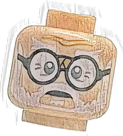 Minifigure, Head White Bushy Eyebrows, Moustache, Beard and Soul Patch, Dark Bluish Gray Eyes, Black Round Glasses with Tape on Bridge, Medium Nougat Forehead Creases, Neutral Pattern