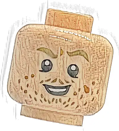 Minifigure, Head Dark Tan Eyebrows, Left Raised, Lower Eyelids, Beard Stubble, Medium Nougat Spots, Lopsided Open Mouth Smile with Teeth Pattern